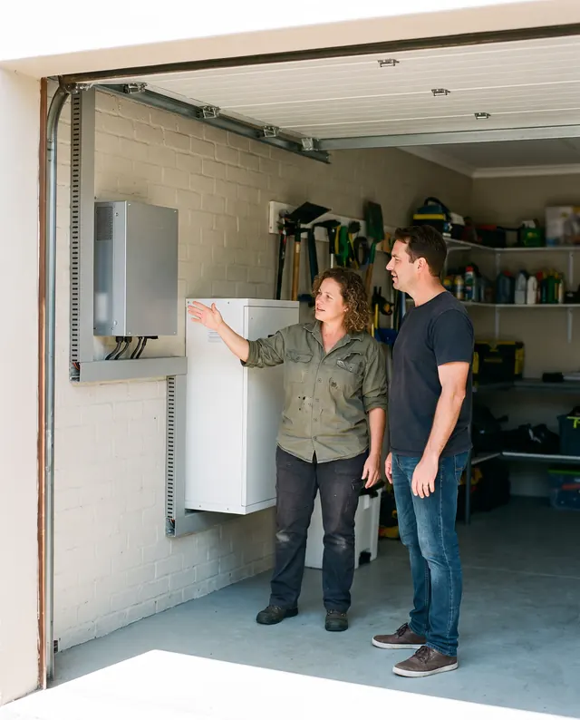 An installer showing a homeowner the new inverter and battery on his garage wall