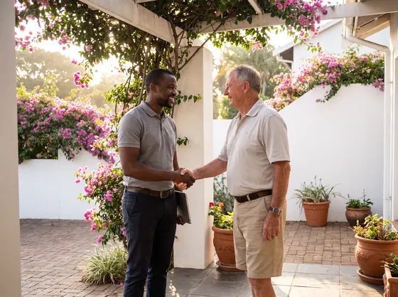 An installer shaking hands with a homeowner at his front door