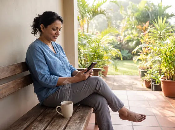 A woman on her stoep answering questions on her phone, a mug of tea beside her